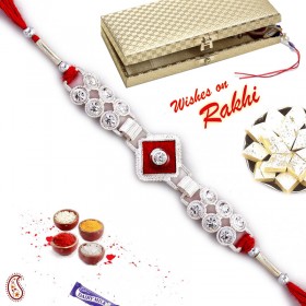 Enamel and White stone Silver Rakhi in Premium Gift box