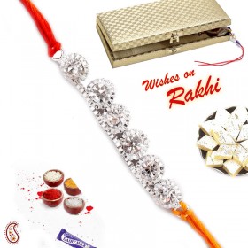 White stone and beaded Silver chain Rakhi in Premium Gift box